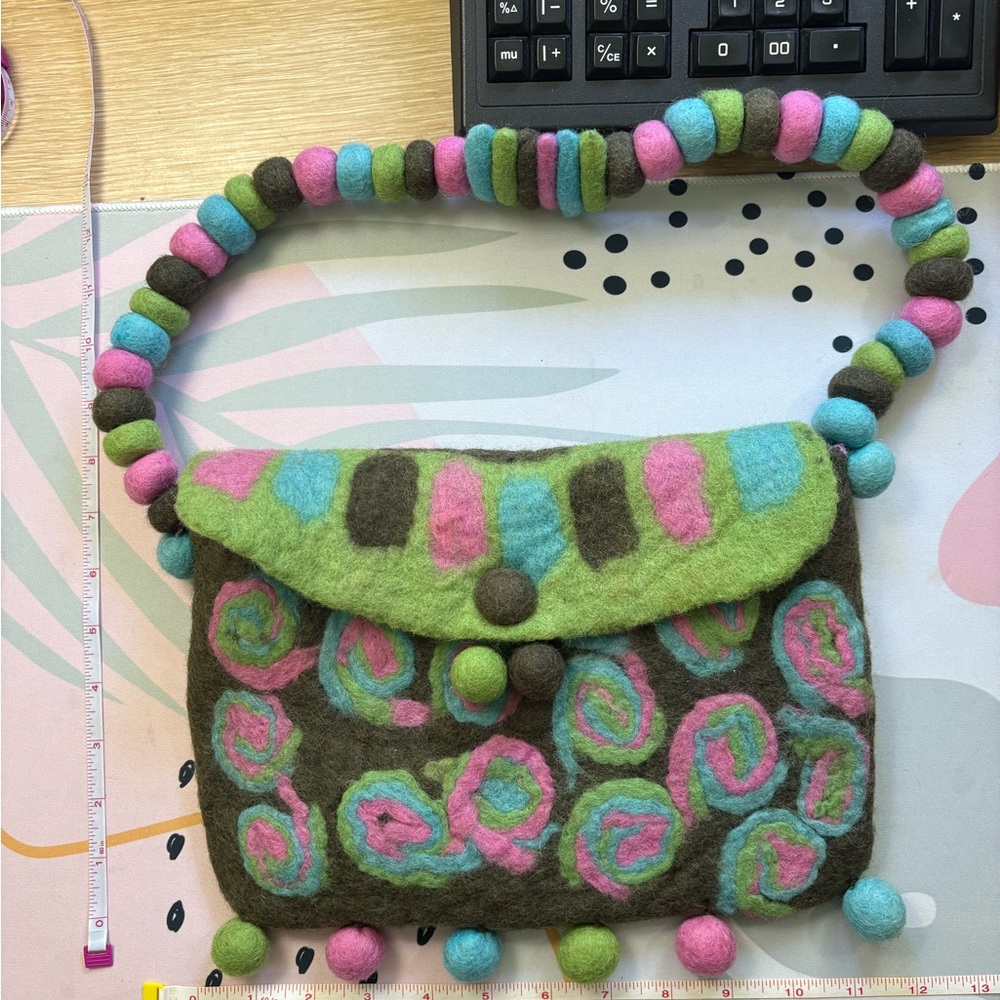 Rising Tide Colorful Felted Handbag with Pom Poms